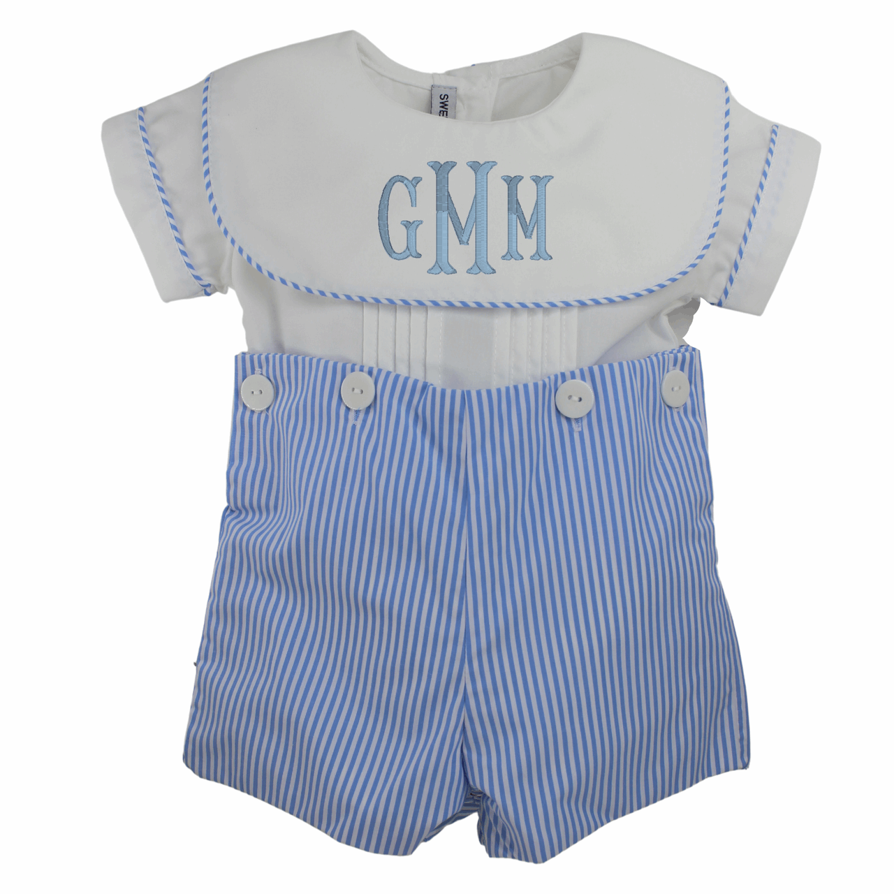 Baby Boys Button On Short Set White Blue Stripe