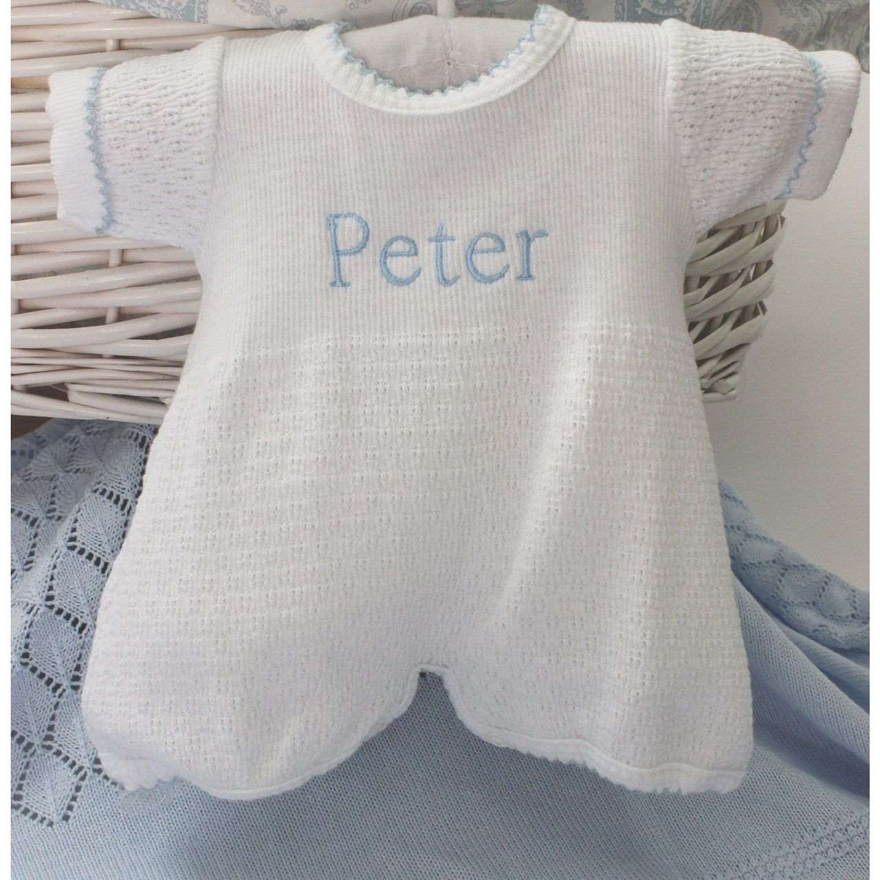 Baby Boy Coming Home Onesie Romper White Blue Trim Knitted