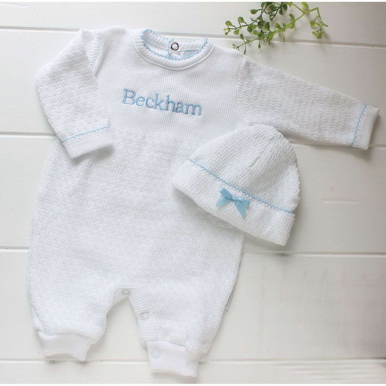 Baby Boys Romper White Blue Trim (Hat sold separately)