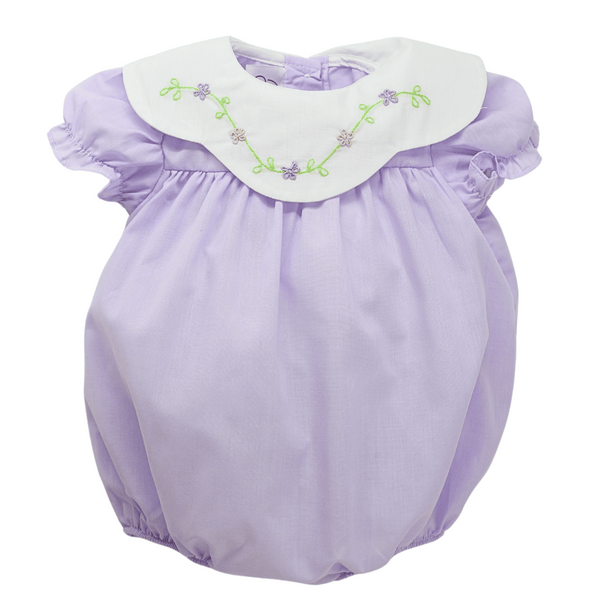 Baby Girls Lavender Bubble Romper Flower Vine Embroidery Hiccups