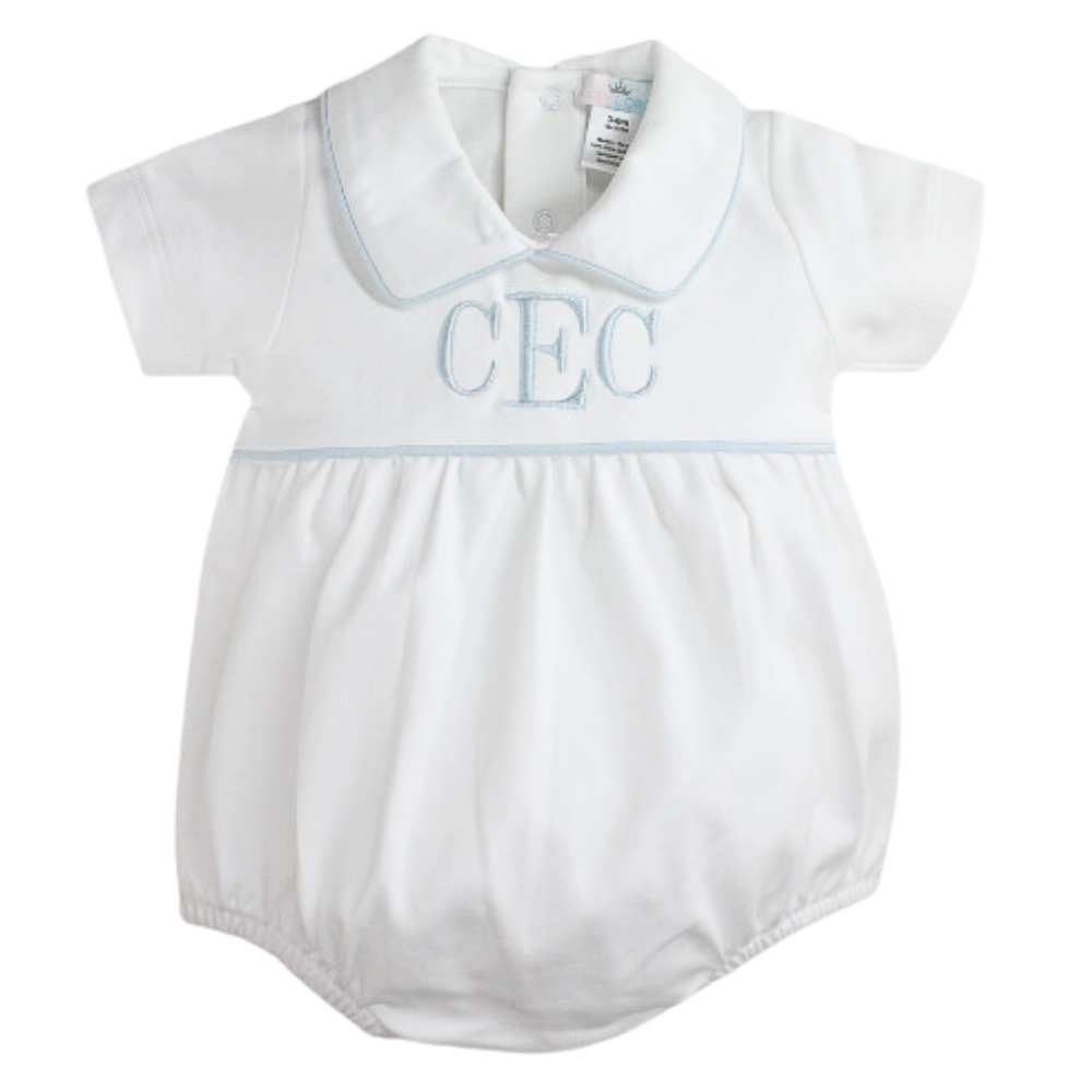 Baby Boys White Blue Bubble Romper Monogrammed Coming Home Outfit