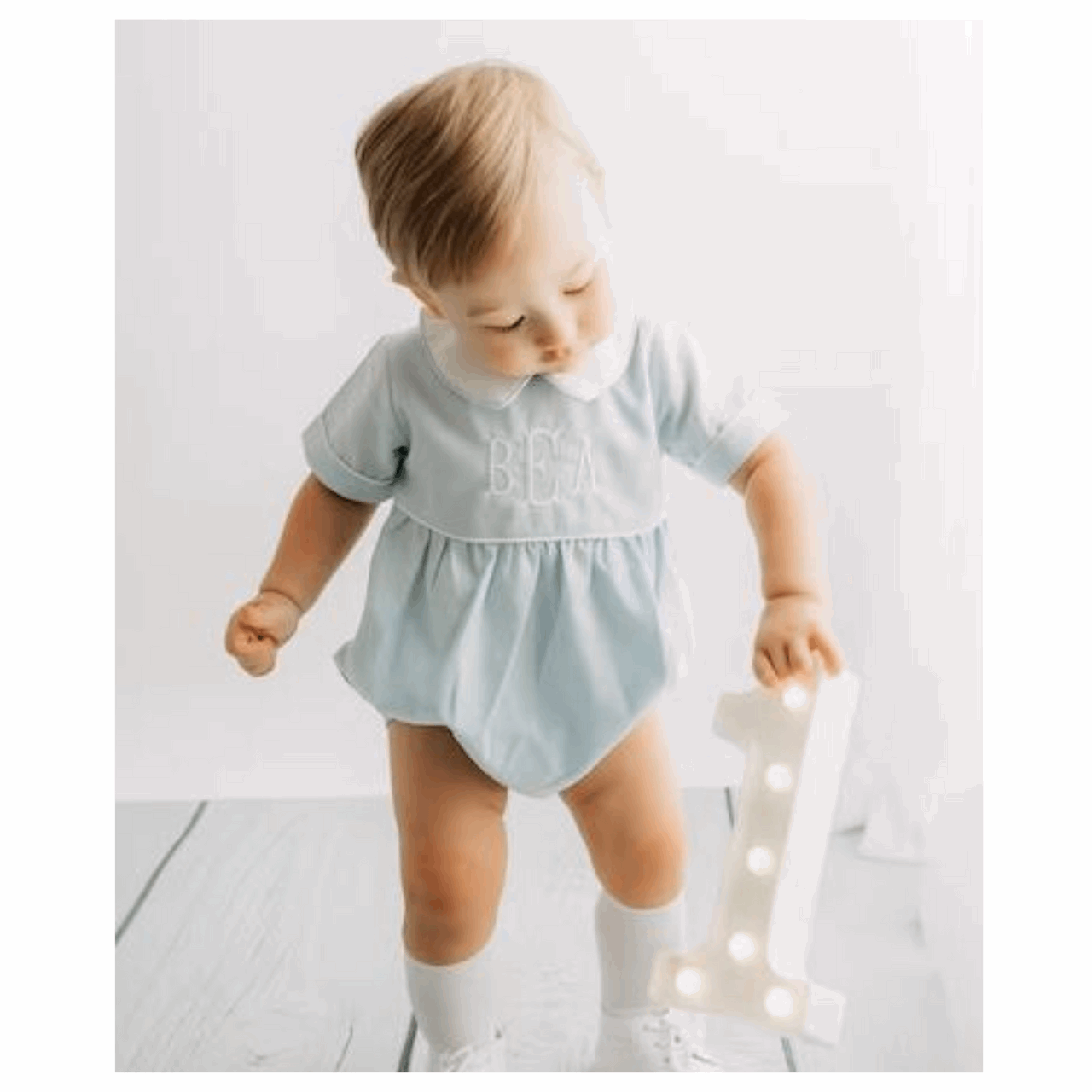 Boys Blue Personalized Monogrammed Bubble Romper perfect for milestone portraits or first birthday