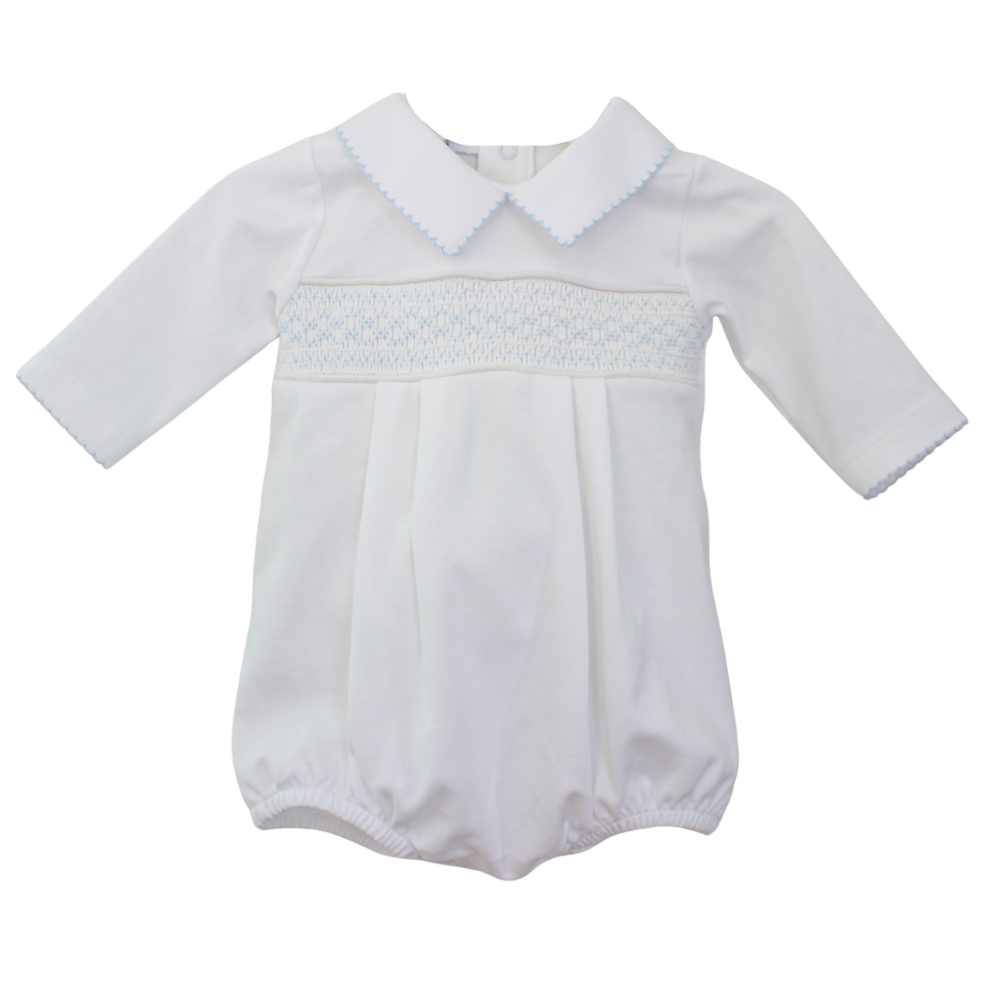 baby long sleeve cotton onesie romper with blue smocking