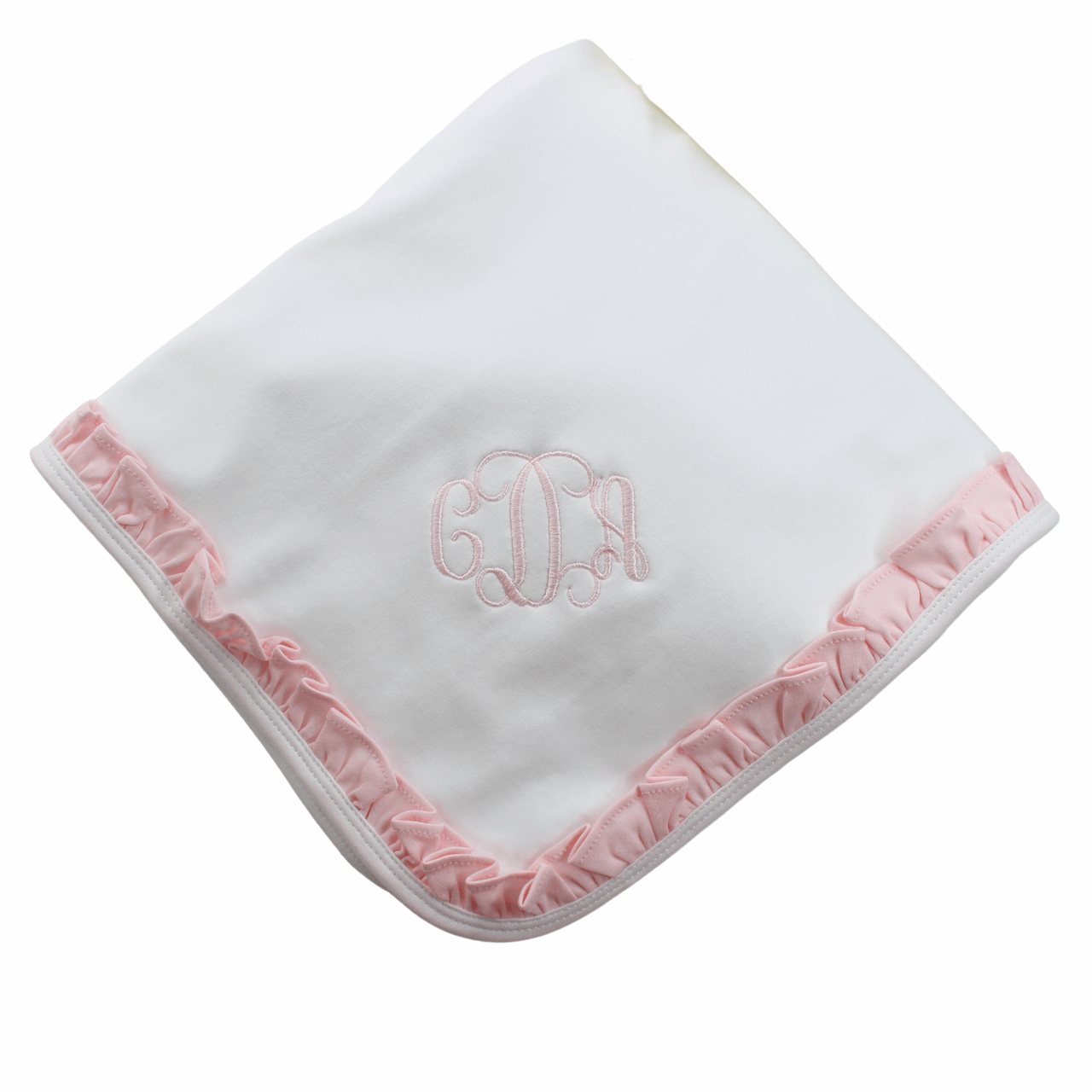 White Cotton Receiving Blanket Pink Ruffle Trim Monogrammable