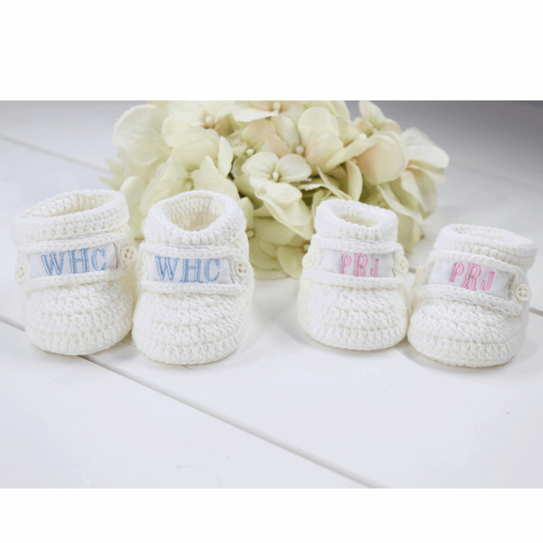 Personalized Baby Booties White Crochet Hiccups Children's Boutique