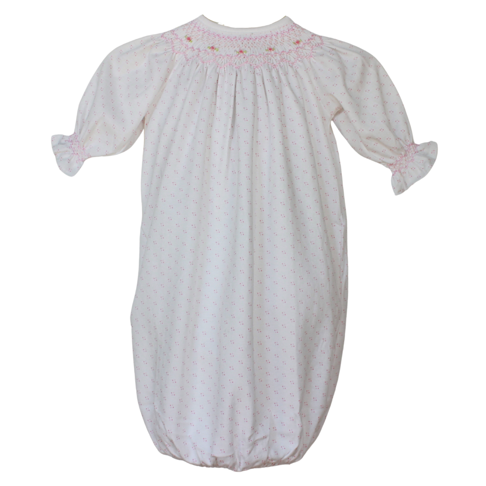 Newborn Girls Take Home Gown White with pink dots Bishop smocking