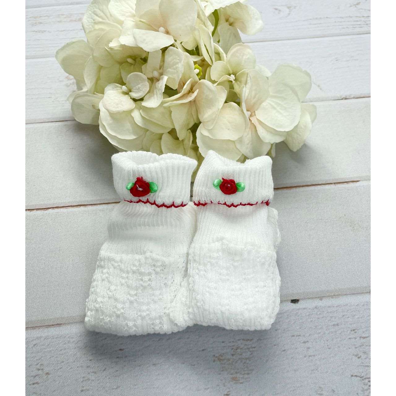 Girls White Baby Booties with Red Flower