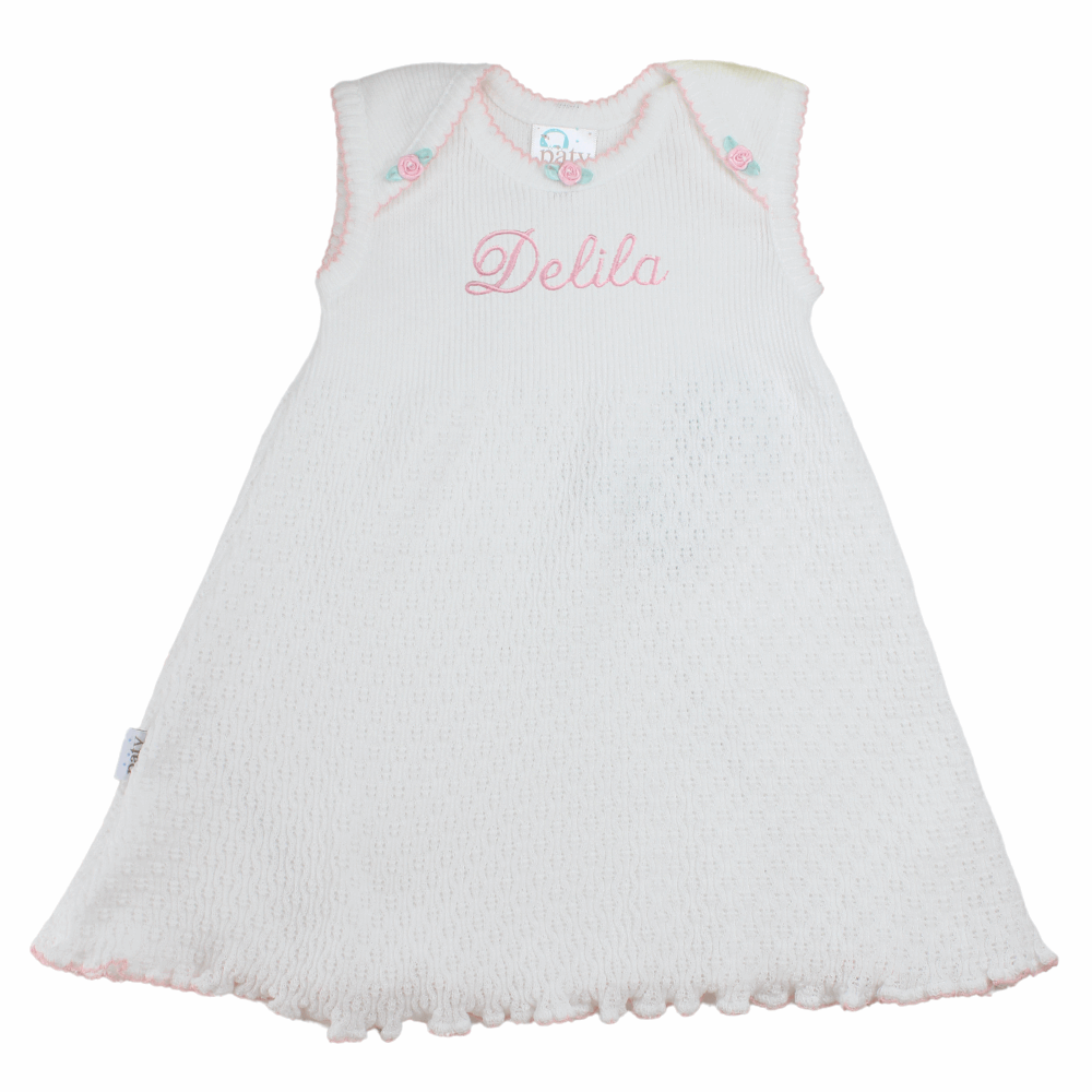 Baby Girls White Knitted Layette Dress with Roses