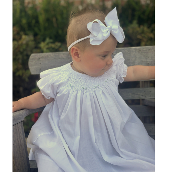 Baby Girls White Smocked Daygown and Bonnet Petit Ami NB Baby Girls White Smocked Daygown and Bonnet Petit Ami NB