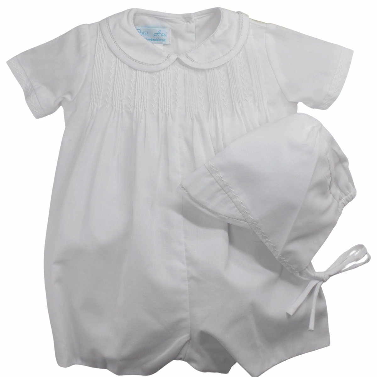 Infant Boys White Christening Romper Outfit with Pintucks