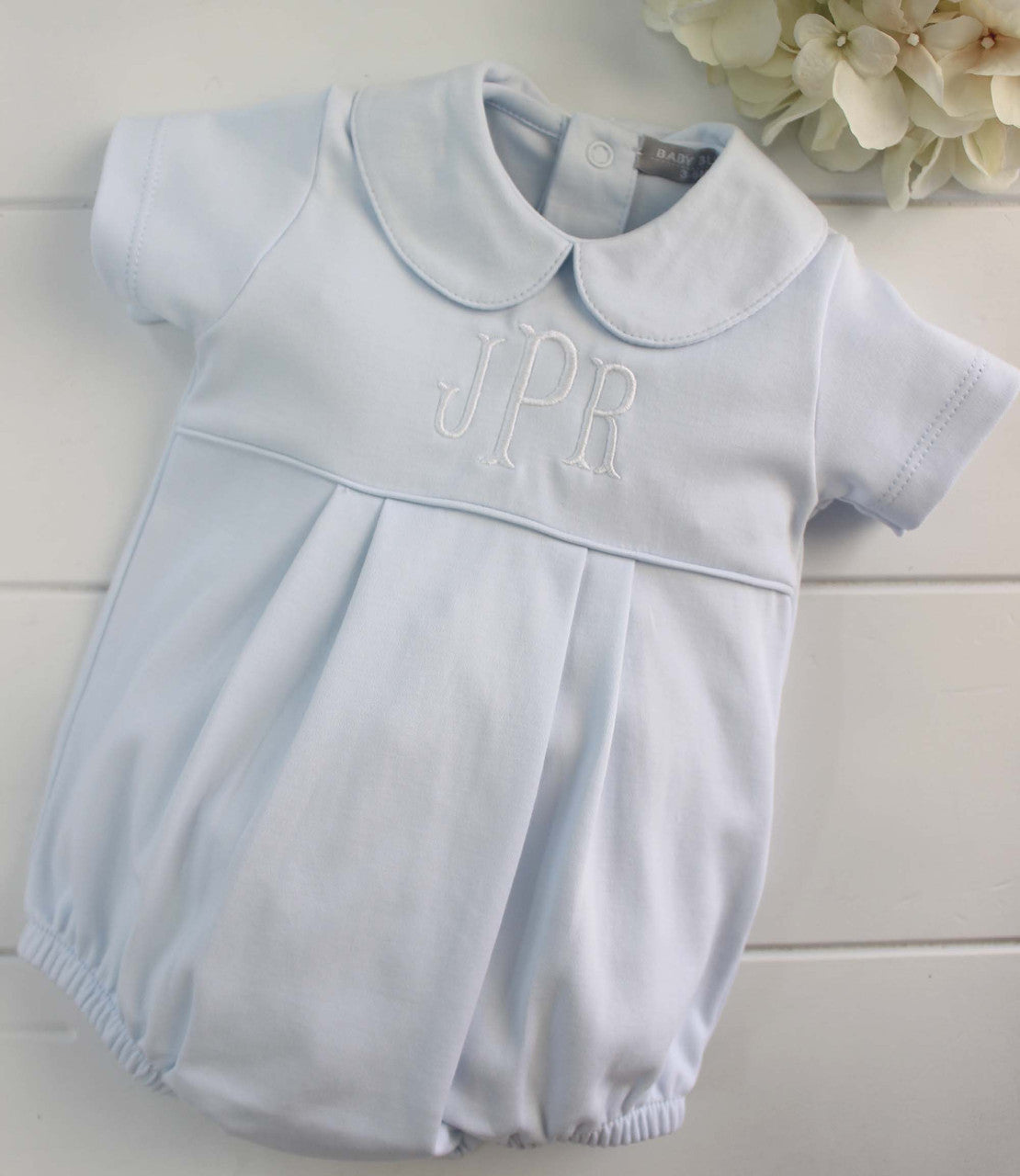 Baby Boys Blue Cotton Bubble Outfit Peter Pan Collar