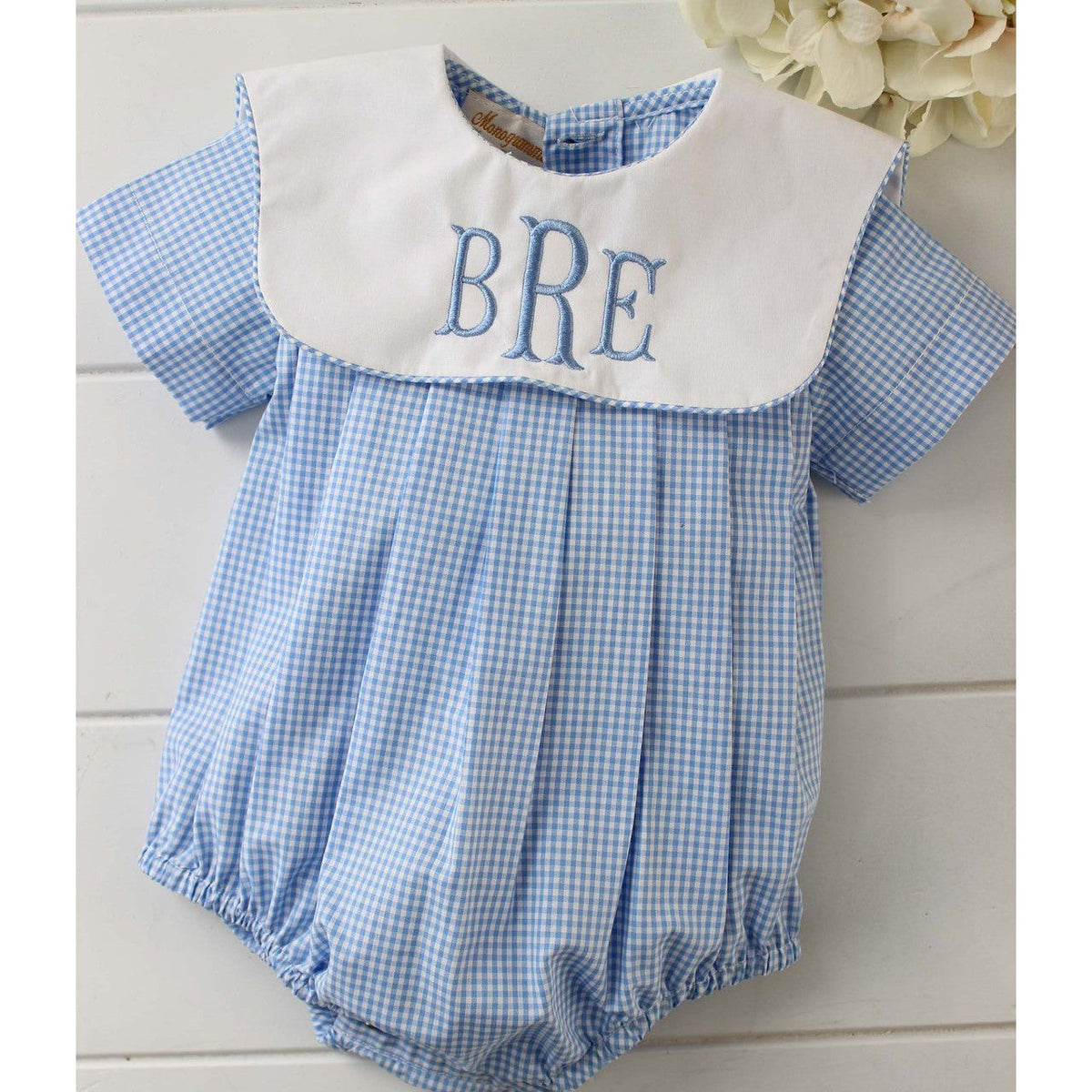 Baby Boys Bubble Romper Blue Gingham with White Bib Collar