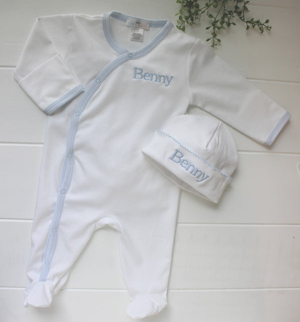 Baby Boys White Footed Kimono Sleeper Blue Trim Hiccups Children's