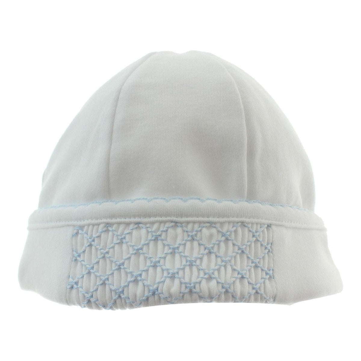 Baby Boys White Take Home Hat with Blue Smocking