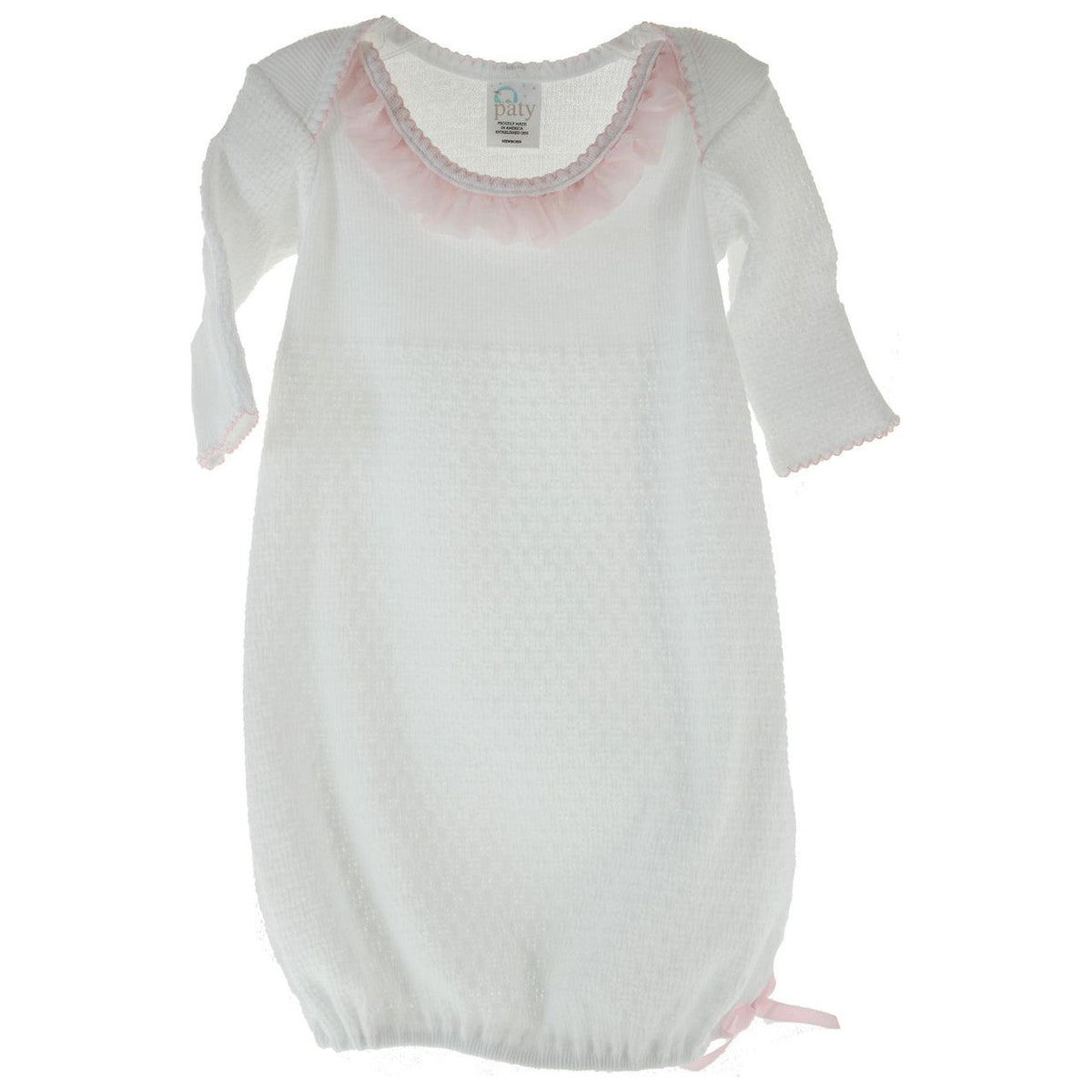 Baby Girls Knitted Layette Gown White Pink Ruffle Trim