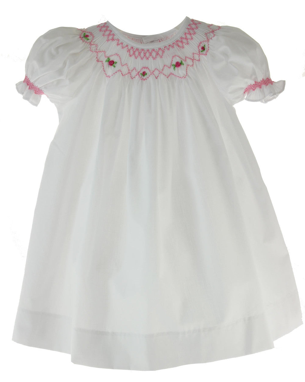 Baby Girls White Pink Smocked Daygown Dress &amp; Bonnet Set