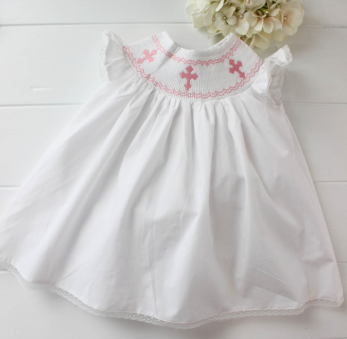 Girls White Dress Pink Smocked Crosses Christening Outfit