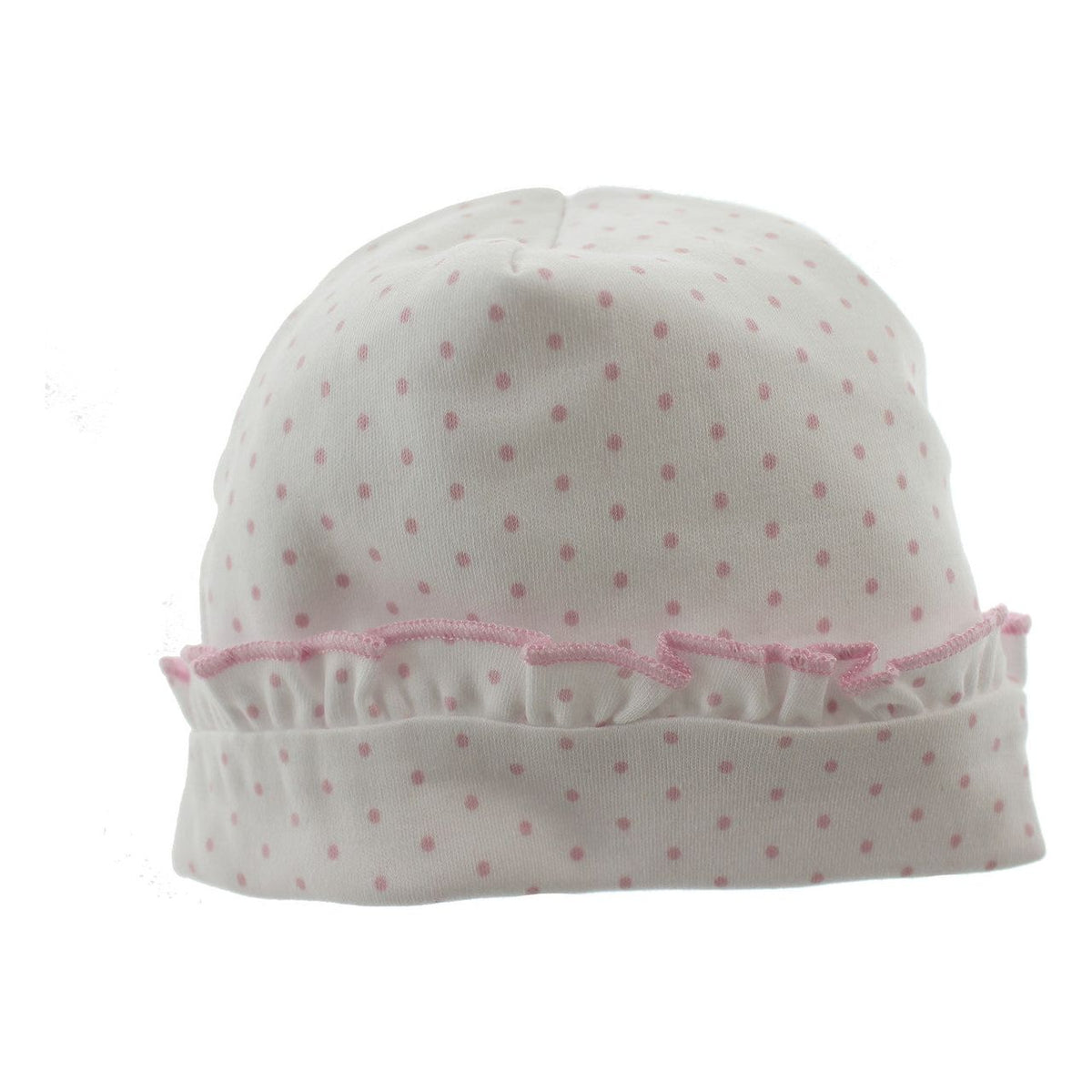 Girls White Pink Beanie Hat Ruffle Trim Mini Dots