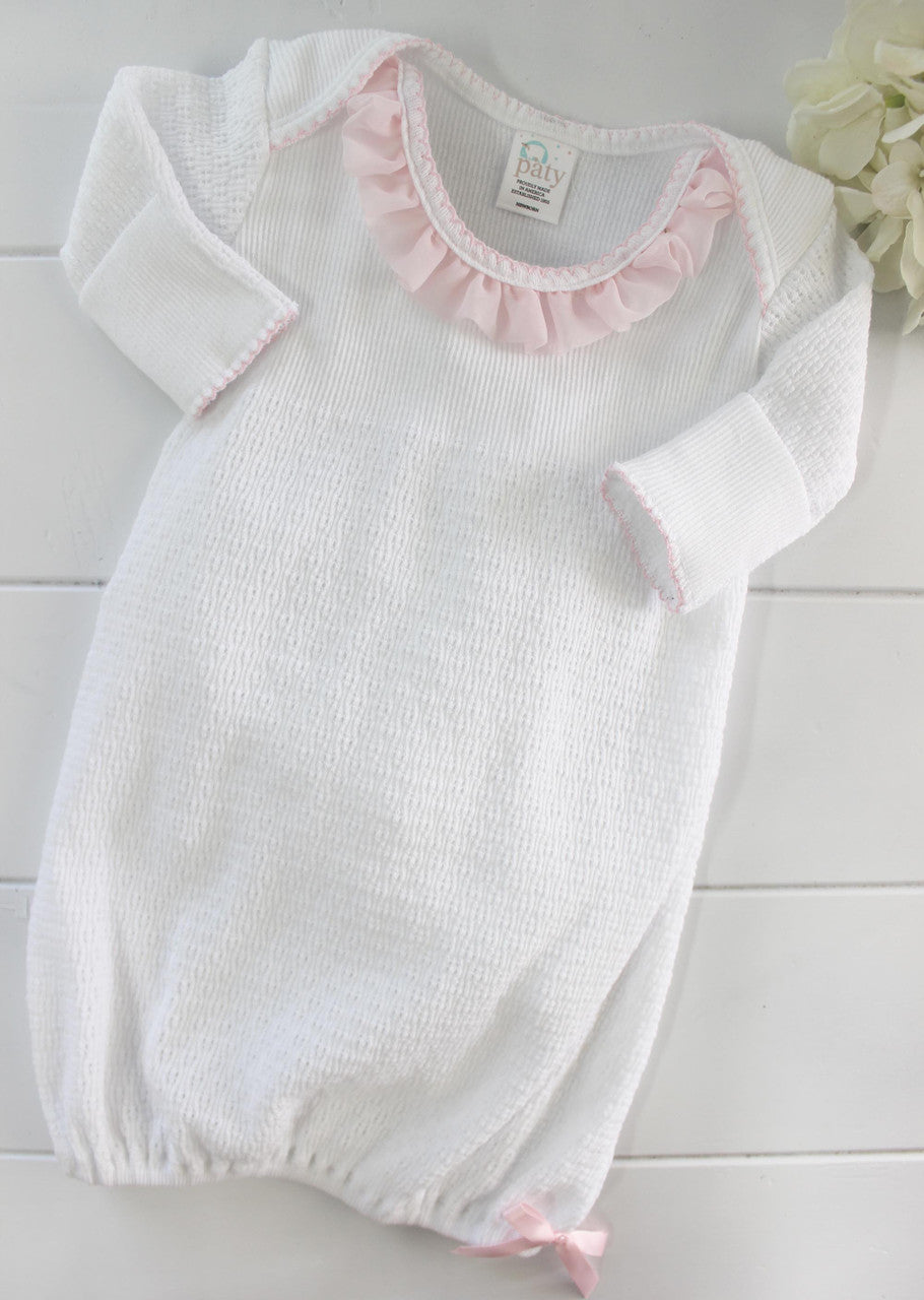 Baby Girls Knitted Layette Gown White Pink Ruffle Trim