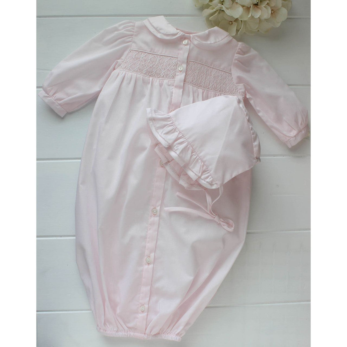 Newborn Girls Pink Layette Gown &amp; Bonnet Set