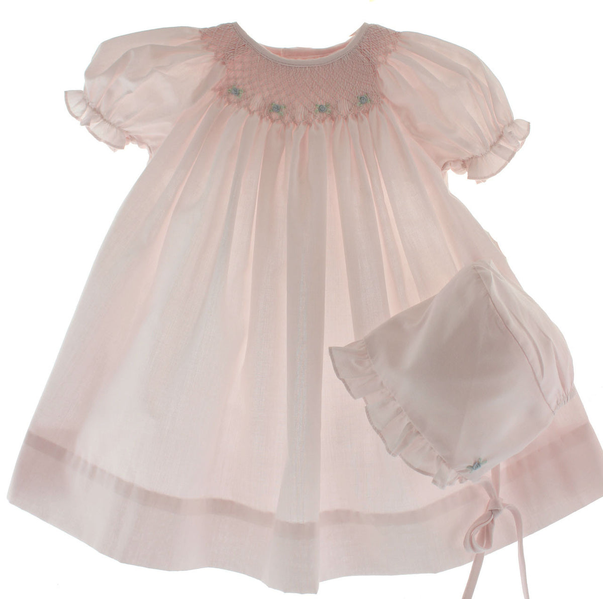 Infant Girls Pink Smocked Bishop Day Dress &amp; Bonnet