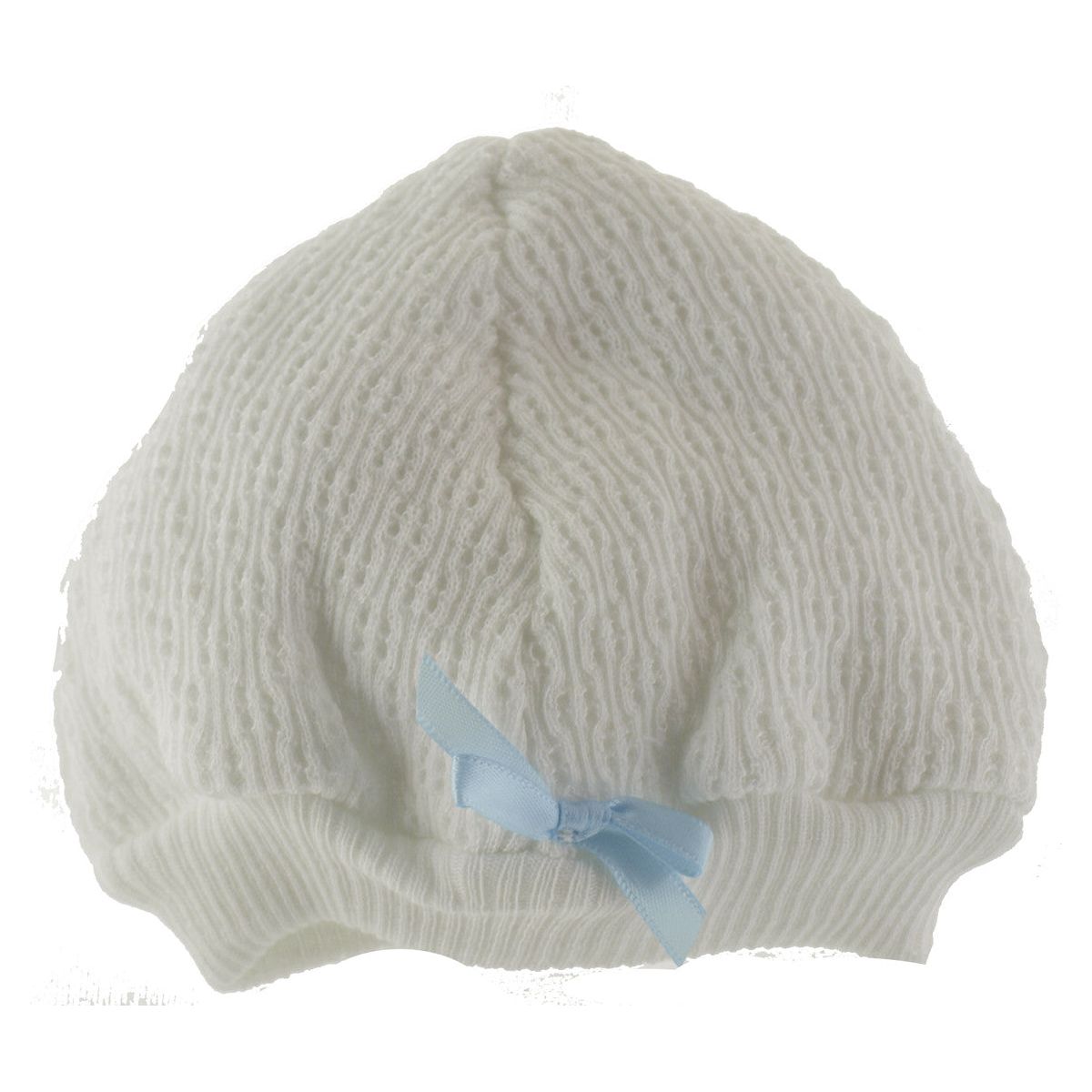 Baby Boys White Knit Beanie Hat with Blue Bow