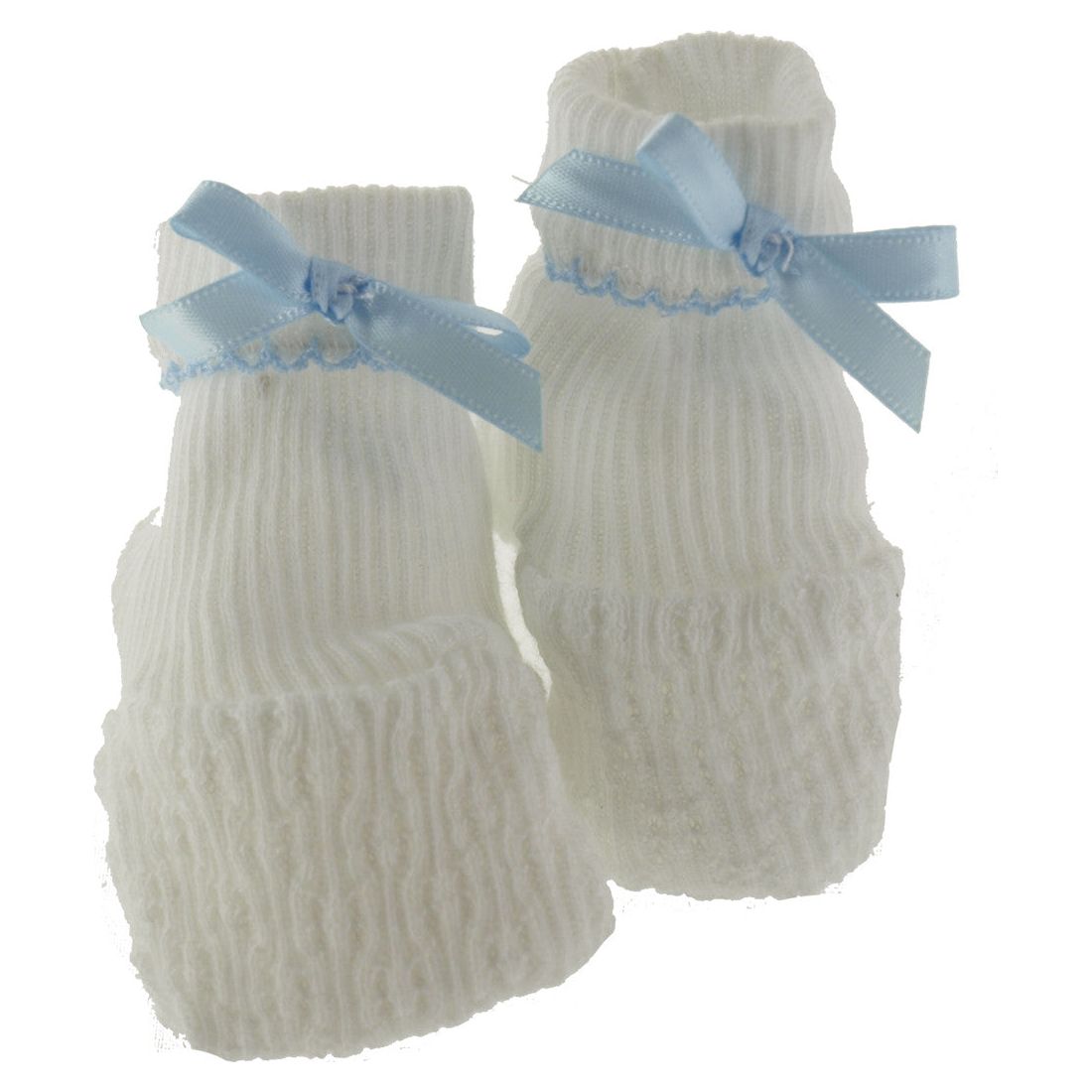 Baby Boys White Knit Booties with Blue Trim