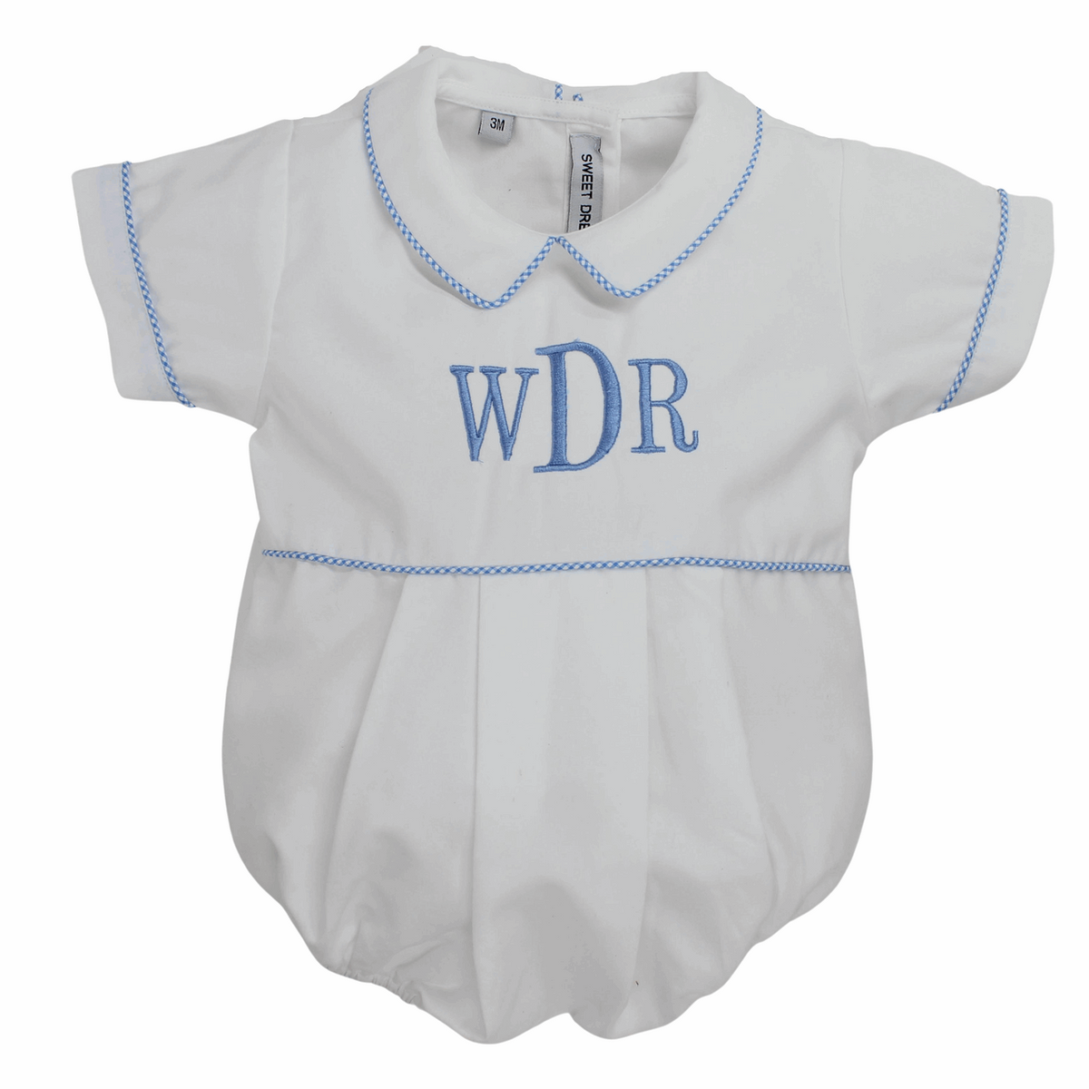 Baby Boys White Bubble Romper Outfit Blue Gingham Trim
