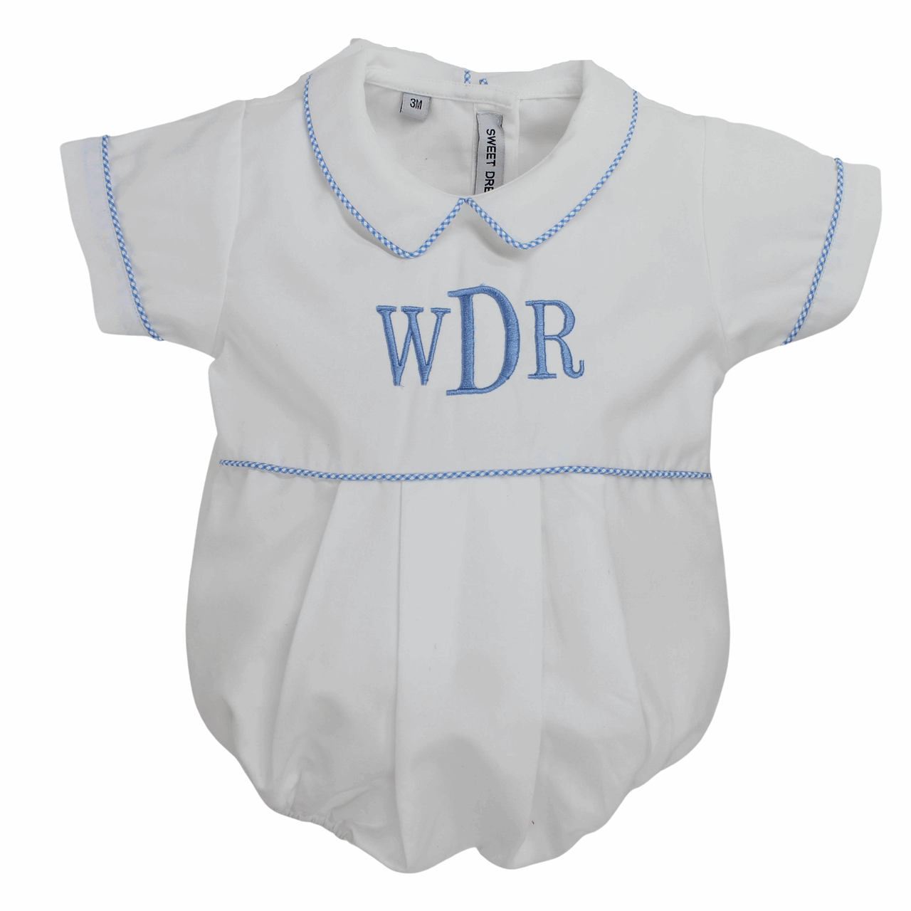 Baby Boys White Bubble Romper Outfit Blue Gingham Trim