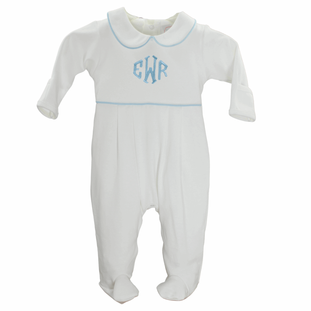 Baby Boy Take Home Footie White with Blue Piped Trim