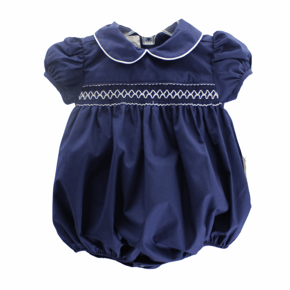 Baby Girls Navy Bubble Outfit Smocked Fall Romper | Baby Blessings