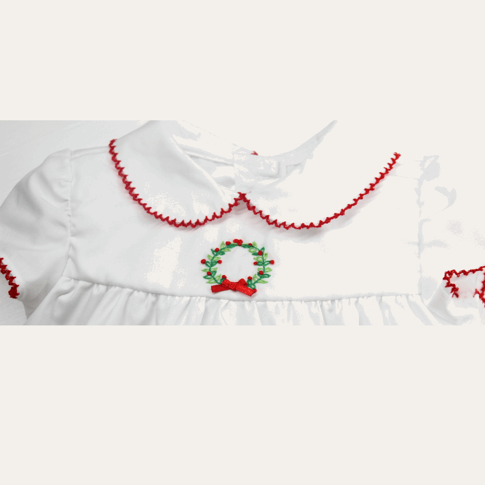 Baby Girls Christmas Dress White Red Trim with Wreath