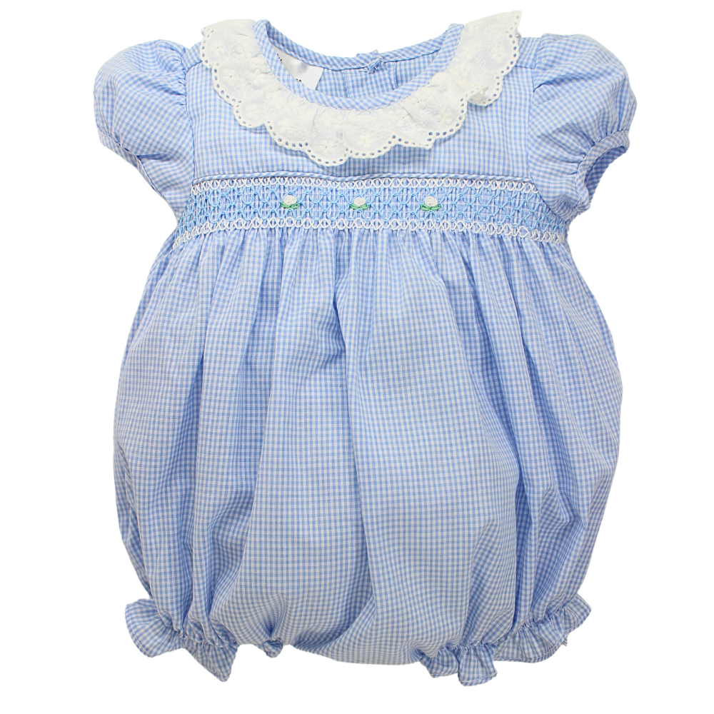Infant Girls Blue Gingham Smocked Bubble Romper | Baby Blessings