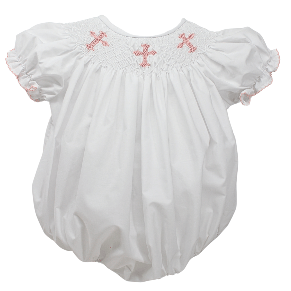 Infant Girls White Bubble Pink Smocked Crosses | Baby Blessings