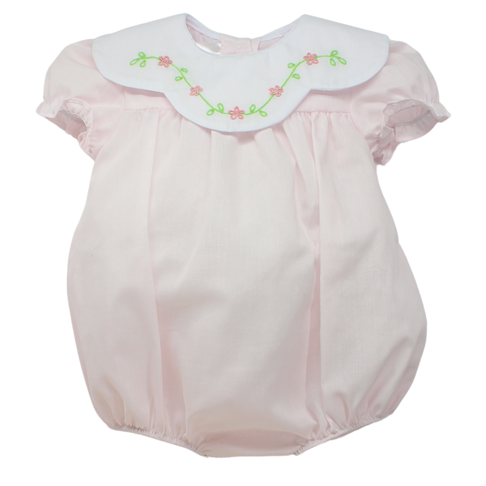 Baby Blessings Girls Pink Bubble Romper Flower Vine Embroidery