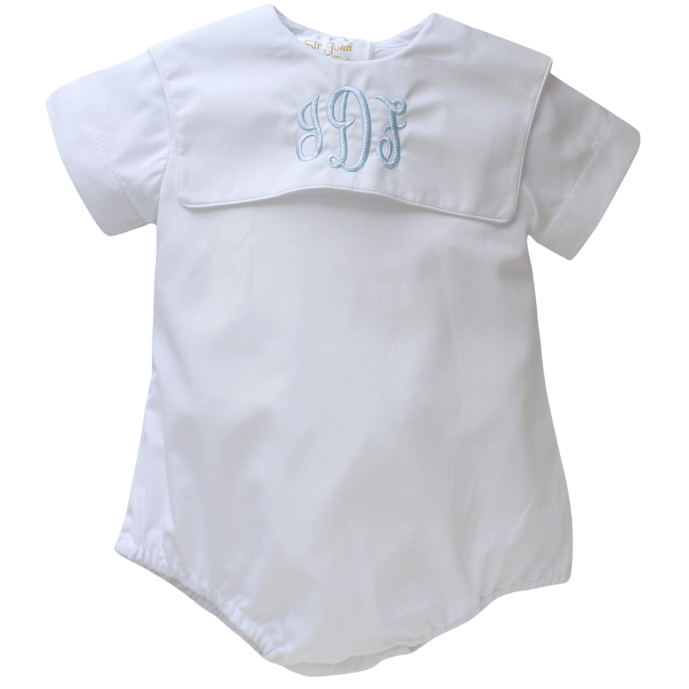 Boys White Dressy Baptism Outfit Square Collar to Monogram