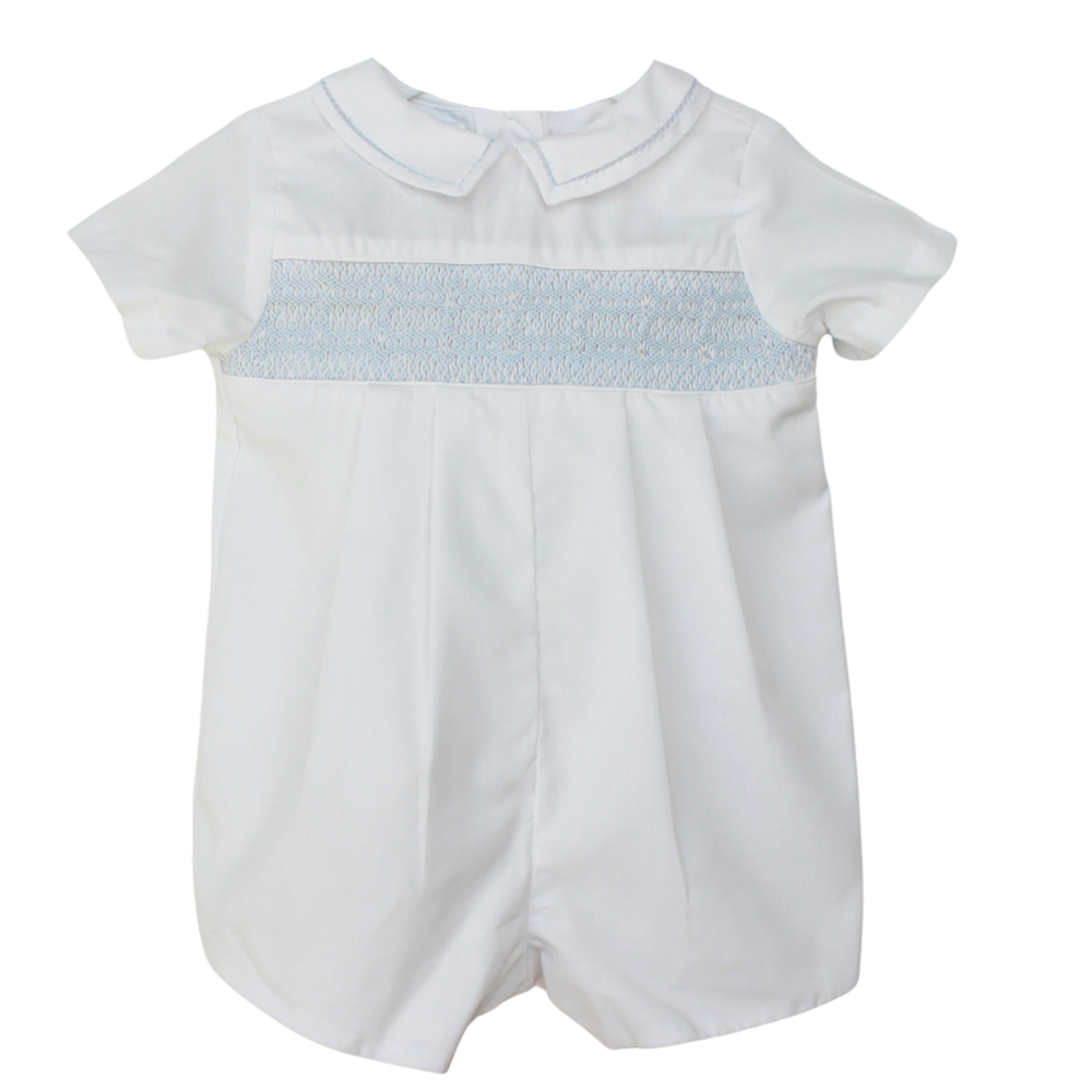 Boys Portrait Romper White Blue Smocking | Petit Ami