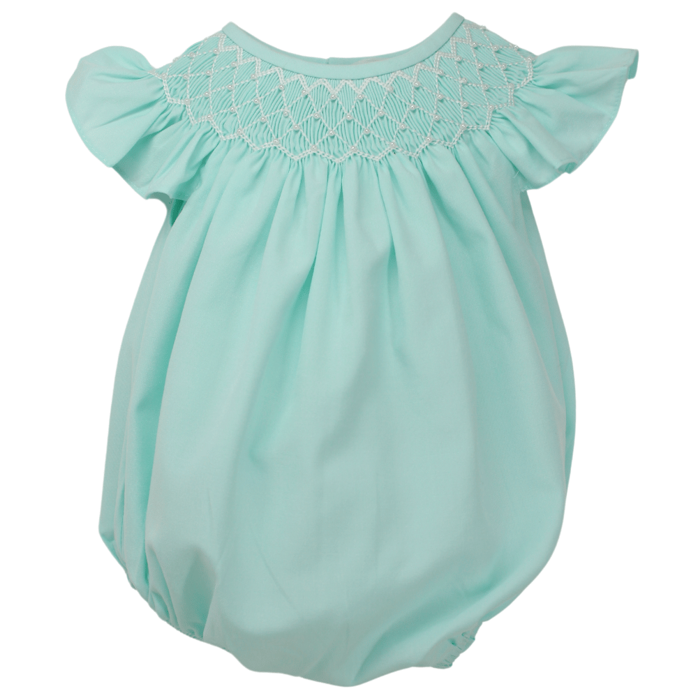 Girls Smocked Bubble Romper Mint Green with Pearls