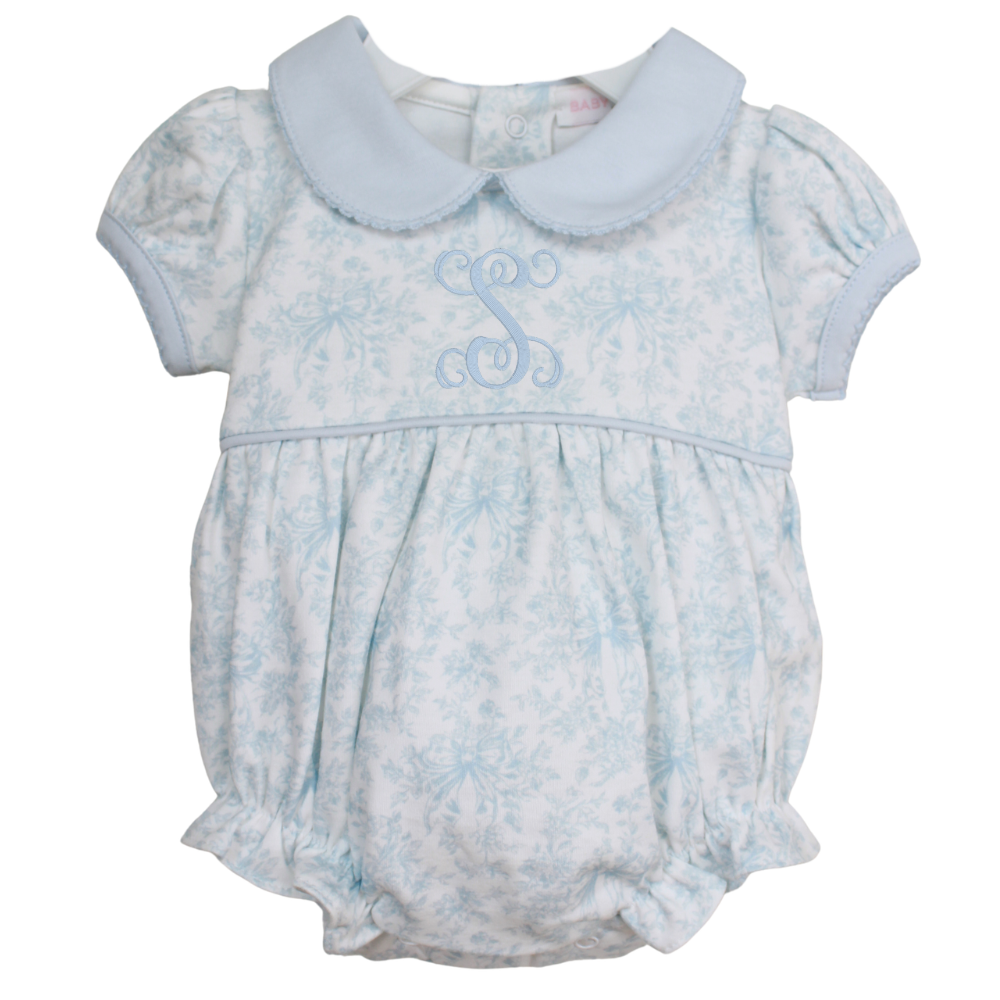 Baby Girls Blue Toile Bubble Romper Outfit with Peter Pan Collar