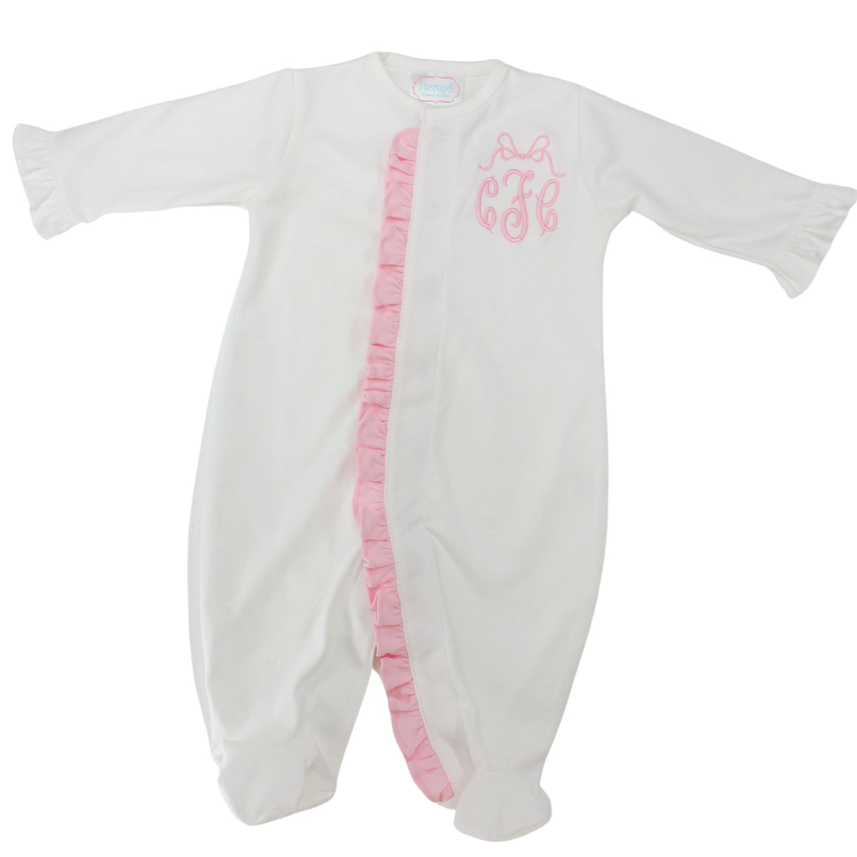 Baby Girls Footie Take Home Outfit White Pink Ruffle Trim | Hiccups