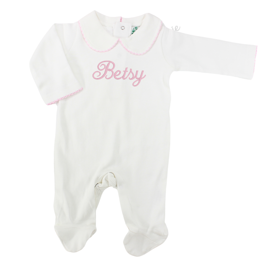 Baby Girls White Pink Footed Onesie with Collar