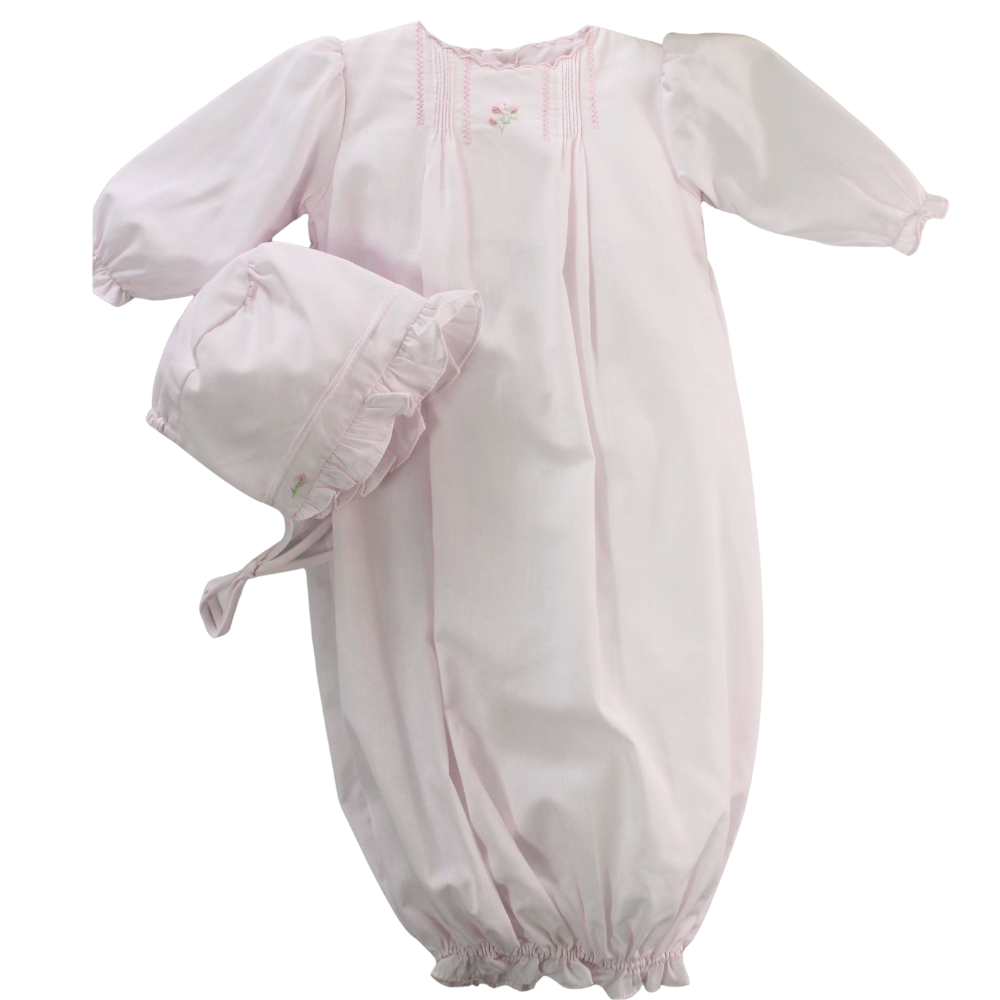 Newborn Girls Pink Gown Bonnet Set Scallop Trim
