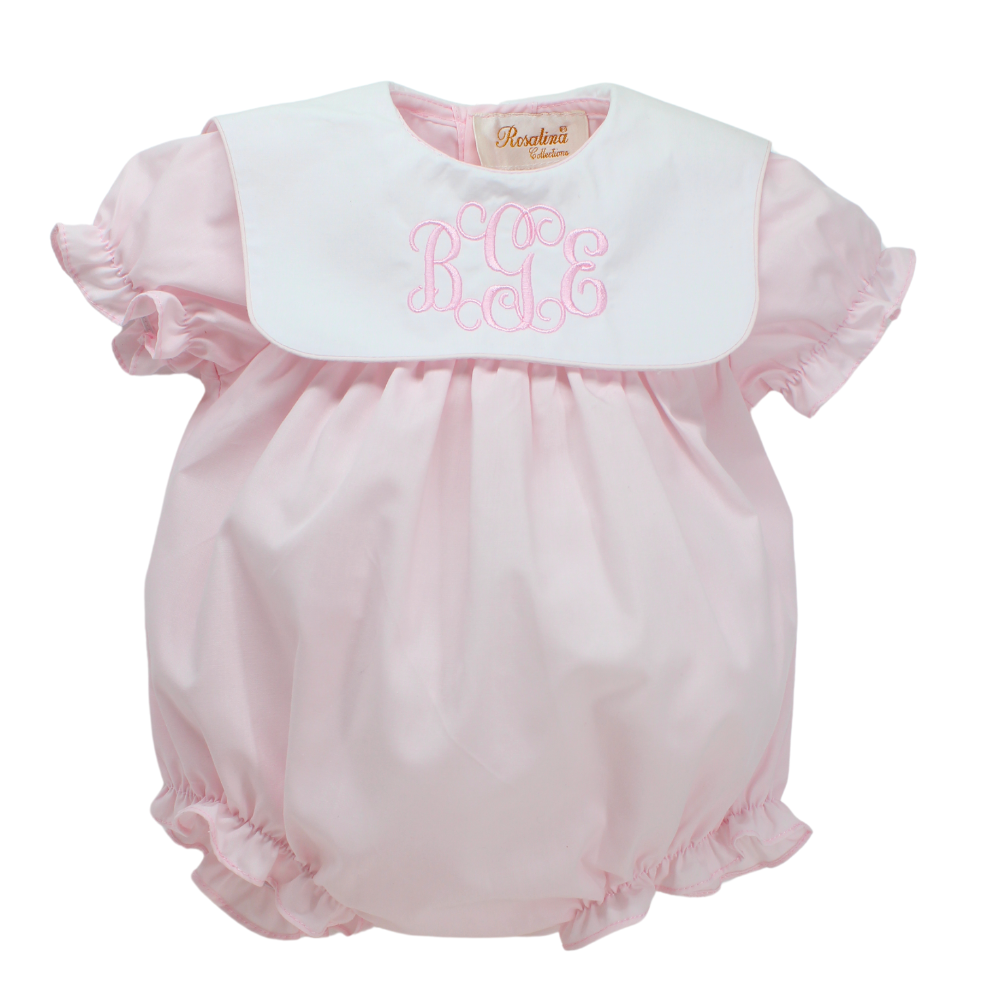Baby Girls Pink Bubble Outfit with White Monogrammable Collar