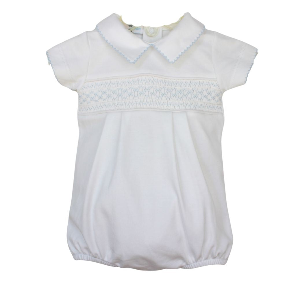 Baby Boys White Onesie Romper Blue Smocked Collared