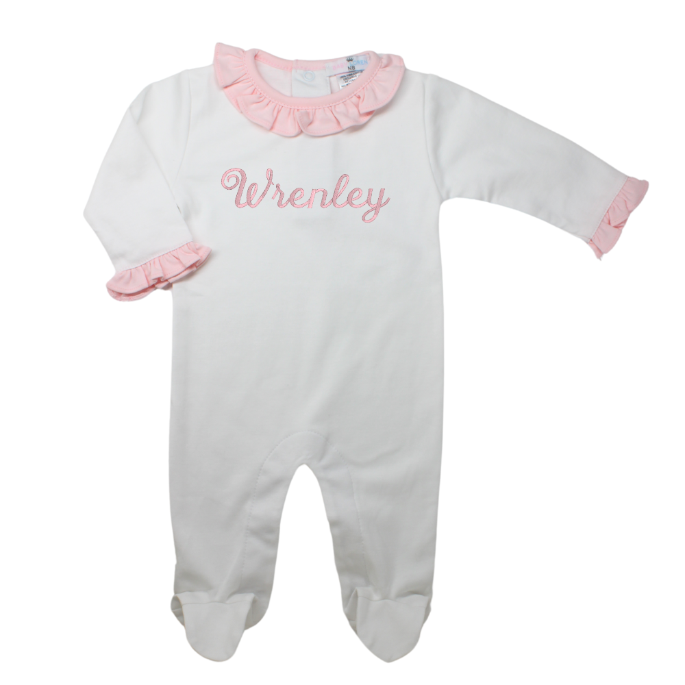 Baby Loren Girls Footie Sleeper White Pink Ruffle Trim