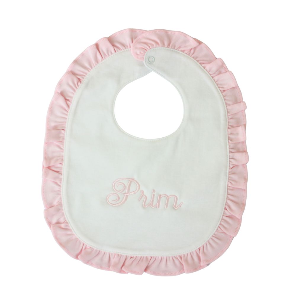 Baby Girl Bib Monogrammed with Pink Ruffle Trim