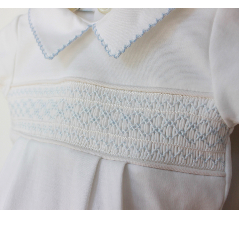 Baby Boys Onesie Long Sleeve Romper White Blue Scallop Trim