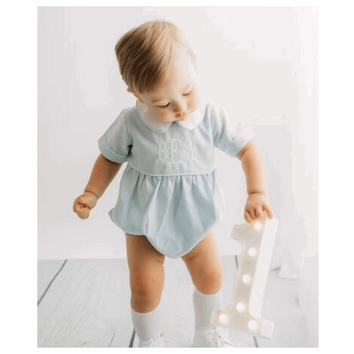 Boys Blue Personalized Monogrammed Bubble Romper perfect for milestone portraits or first birthday