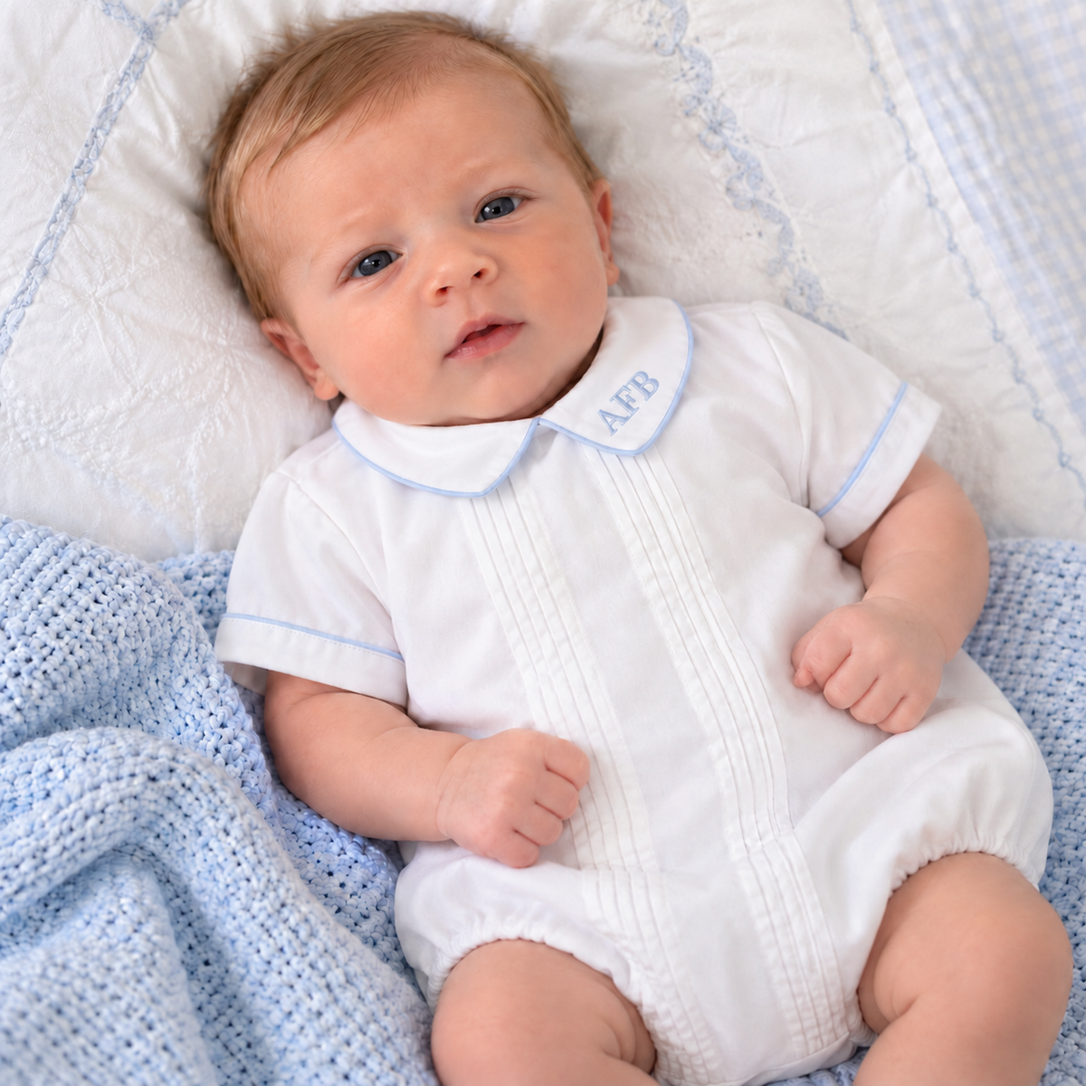 Baby Boys White Bubble Romper Pintucks Blue Trim