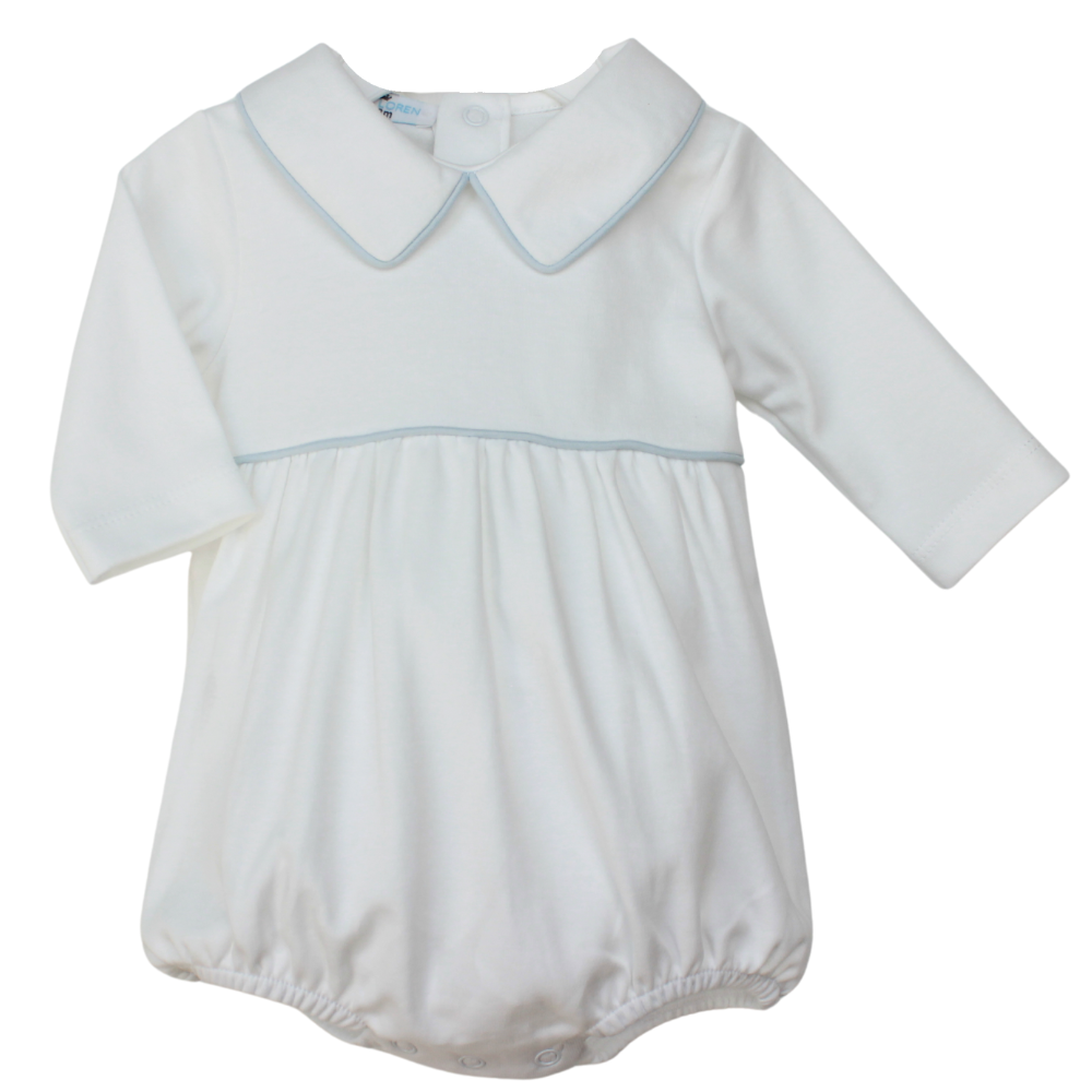 Cute baby boys onesie with collar that can be monogrammed white with blue trim. Unique personalized baby gift.